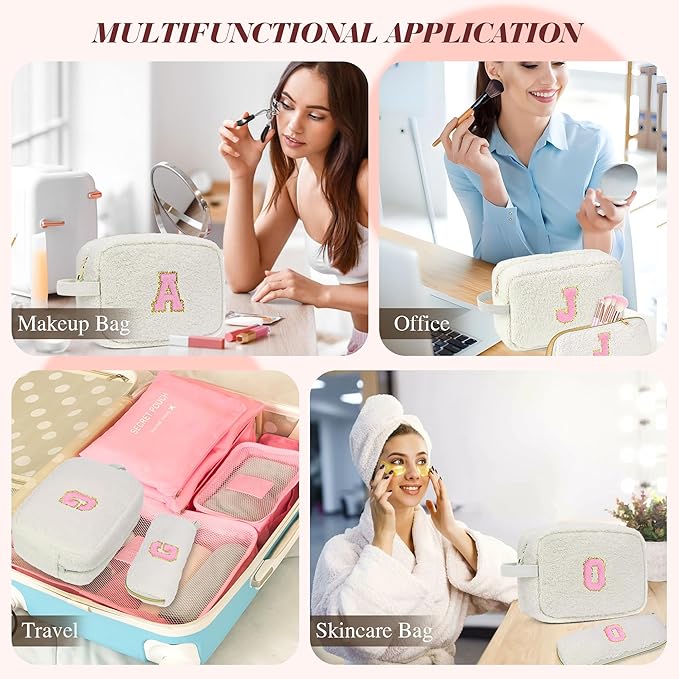for Christmas Day Gifts, Travel Makeup Bag for Women, Initial Make Up Bag Set for 6 7 8 9 10 11 12 13 Years Old Kids Tween Girls, Large Cosmetic Skincare Bags for Birthday Gifts, White D