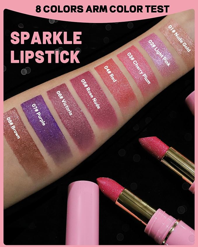 Glitter Metallic Rose Nude Shimmer Lipstick Long Lasting,Glitter Diamond Shine Red Lipstick Transfer Proof Non-Stick Lip Gloss Shimmer Highly Pigmented Full Coverage Lip Makeup for Women-05