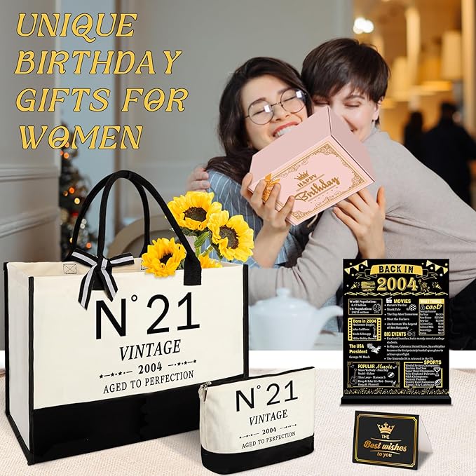 21st Birthday Gifts for Her Canvas Tote Bag Travel Gear, Unique 21 Years Old Gifts for Girlfriend Sister Coworker Friends Classmate Women, Vintage N°21 Handbag & Cosmetic Bag & Back in 2004 Poster