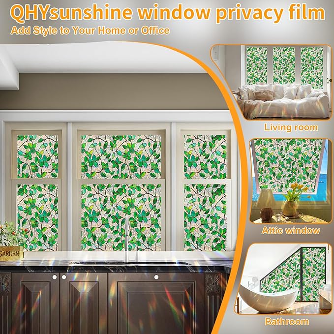 Stained Glass Window Privacy FilmDecorative Rainbow Static Clings -ldeal for Home &Office,Adhesive-Free,Removable, Uv-Blocking(Green Rainbow, 45.2 X 157.4 in)