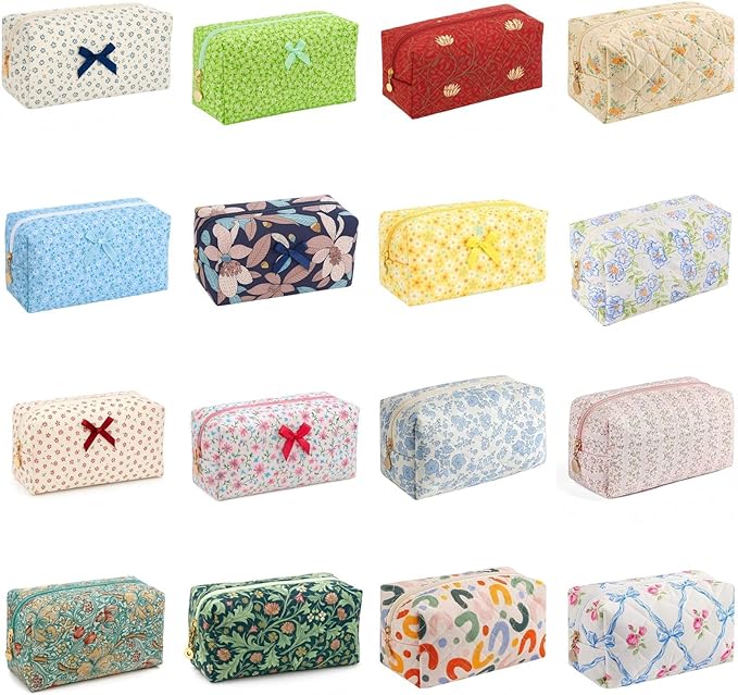 Floral Cotton Makeup Brush Cosmetic Bag for Women,Travel Quilted Zipper Pouch,Large Capacity Flowers Toiletry Organizer, Kawaii Makeup Storage Case, Cosmetic Travel Cloth BagâYellow/Orange Flowers