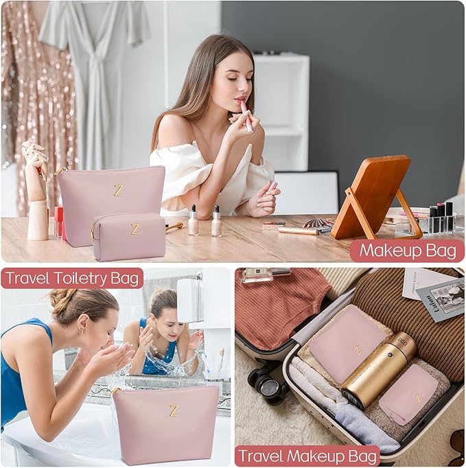 Women Gifts | Initial Makeup Bag Set for Girl Personalized Gifts for Bridesmaid Friend Graduation Teachers PU Leather Cosmetic Travel Toiletry Bag(Pink,Z)