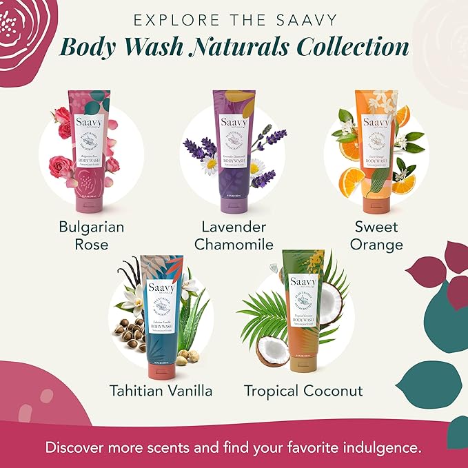 Saavy Naturals Bulgarian Rose Body Wash, Moisturizing Shower Gel for Men & Women, Vegan Formula with Coconut Oil, Shea Butter, and Aloe Vera - 8.5 Fl Oz Made in the USA