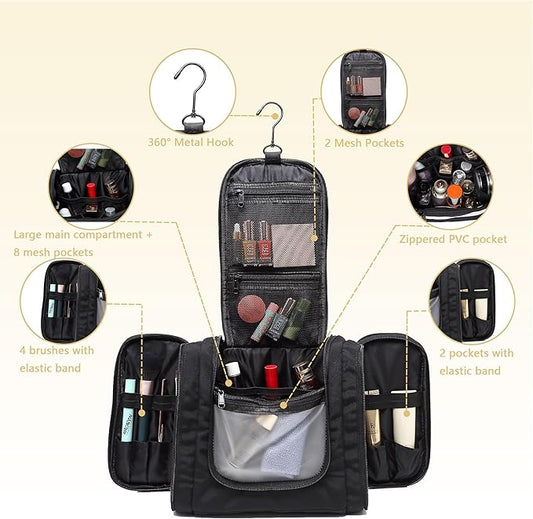 Hanging Toiletry Bag for Men and Women, Travel Makeup with Metal Swivel Hook, Large Organizer for Full Sized Cosmetics and Toiletries, Water-Resistant Nylon, Black