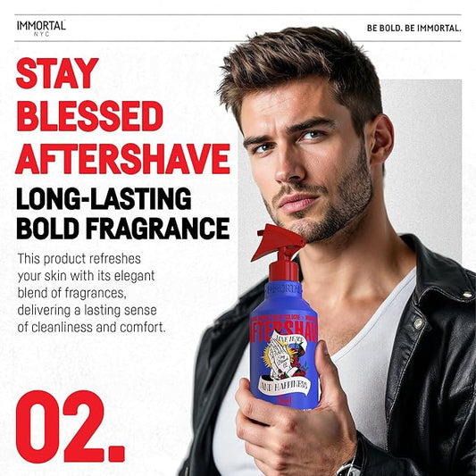 Immortal NYC Stay Blessed 02, After Shave Spray Body/Face Men's Cologne, 17 oz, Exclusive Barbers, Softens Skin, Refreshes, Disinfects and Relieves Face and Skin, Moisturizing Formula After Shaving