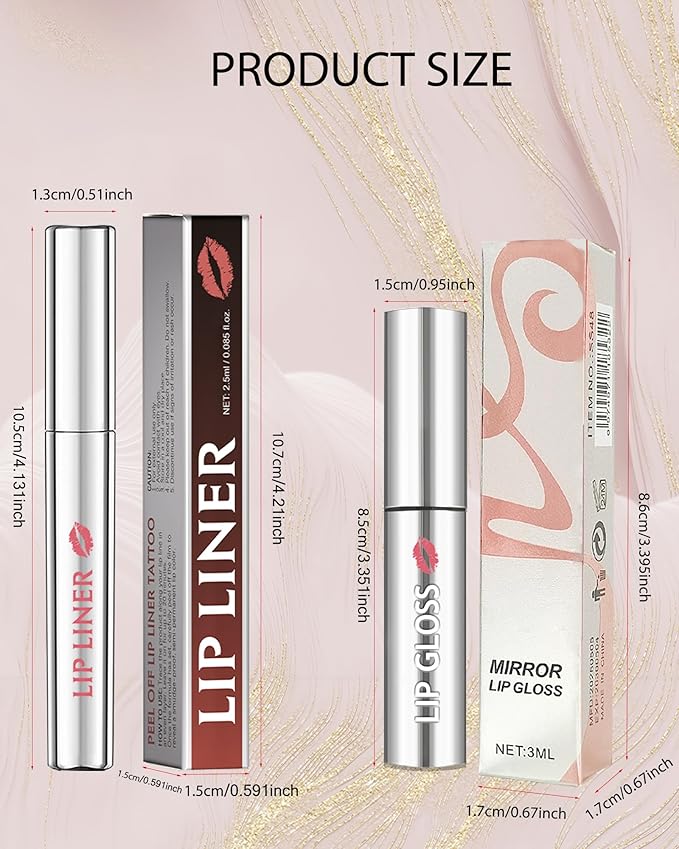 Peel Off Tattoo Lip Liner Stain Lip Gloss Combo Sets, 2 Colors Rose Pink Brown Matte Lip Liner and Nourishing Lip Gloss Tint Stain Kit, Long Lasting Waterproof Non Sticky Liquid Lipstick Makeup-Set 02
