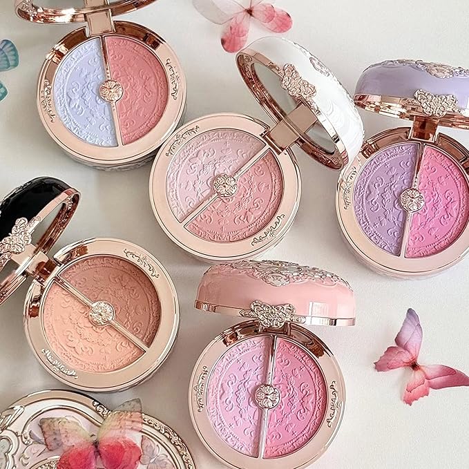 Flower Knows Butterfly Cloud Collar Rouge Box Highlighting & Blush Duo Powder,Purple Matte Finish Blush & Highlighter Palette,Buildable & Blendable Makeup for cheeks(04 Fluttering Romance)