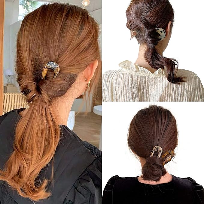 French Hair Forks Tortoise Shell U Shape Updo Hair Pins Clips for Thin Thick Hair, 4.3 inch Classic Cellulose Acetate 2 Prong Bun Hair Sticks Chignon Women Vintage Hairstyle Accessories, 3 Pack