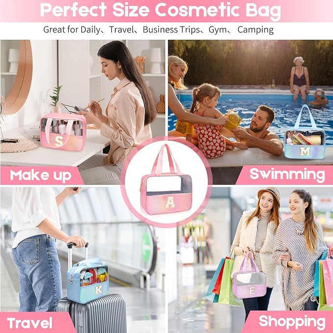 Personalized Initial K Clear Purple Makeup Bag - Large Travel Toiletry Bag, Cute Cosmetic Organizer Set for Girlfriend, Teacher, Teen Girl Gifts