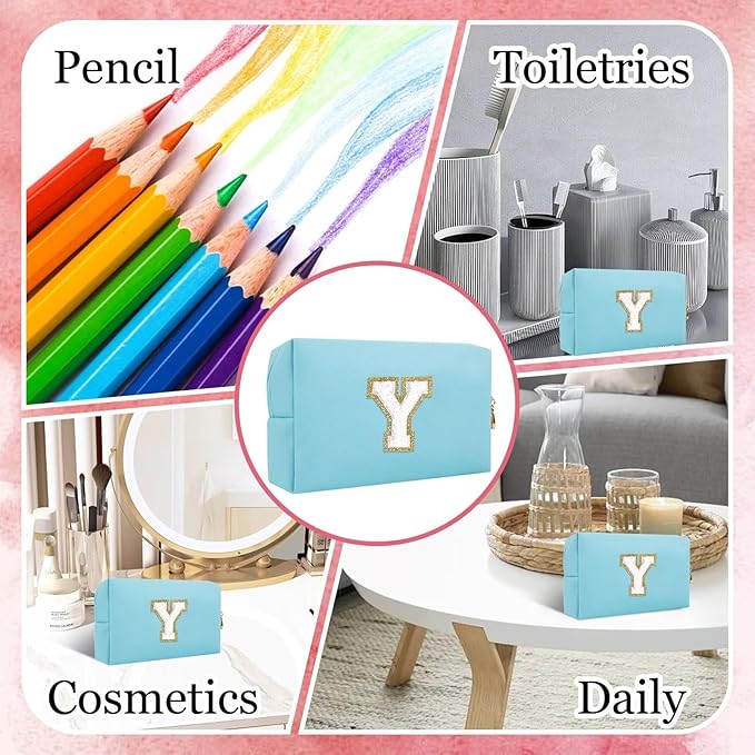 Small Personalized Letter Makeup Bag, Cute PU Leather Chenille Letters Cosmetic Bag Travel Makeup Pouch, Preppy Travel Organizer Zipper Pouch for Women&Girls(Blue-Y)