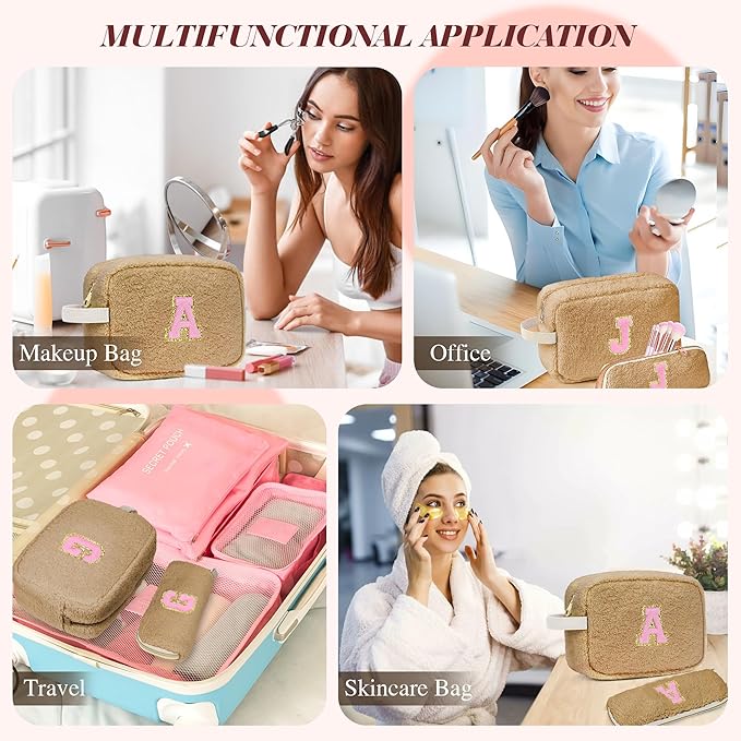for Christmas Day Gifts, Personalized Initial Cosmetic Bag Pouch for Teen Girls, Preppy Makeup Travel Bags for Daughter Sister Girlfriend, Monogramed Make Up Pouch for Birthday Gifts - Brown Q