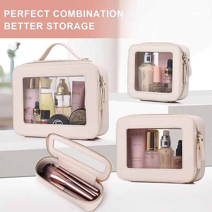 Pinkmik Clear Makeup Bag with Brush Bag 2pcs Waterproof Travel Case for Cosmetics and Toiletries Women's Cosmetic Organizer with Zipper (Beige, L+SLIM)