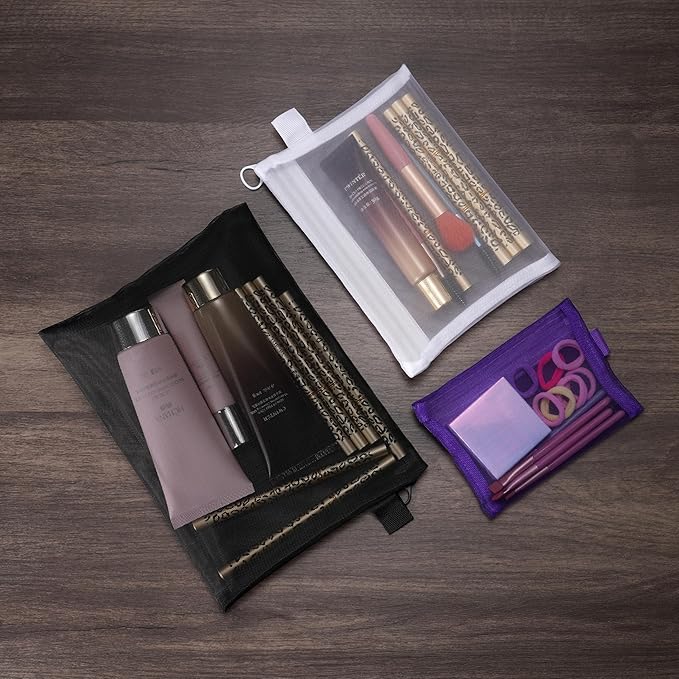 Quotidian Flat Clear Mesh Zipper Pouch Purple Makeup Brush Bag Travel Organizer 3-Size Pack of 9 - Toiletry Kit Cruise Travel Purse Storage