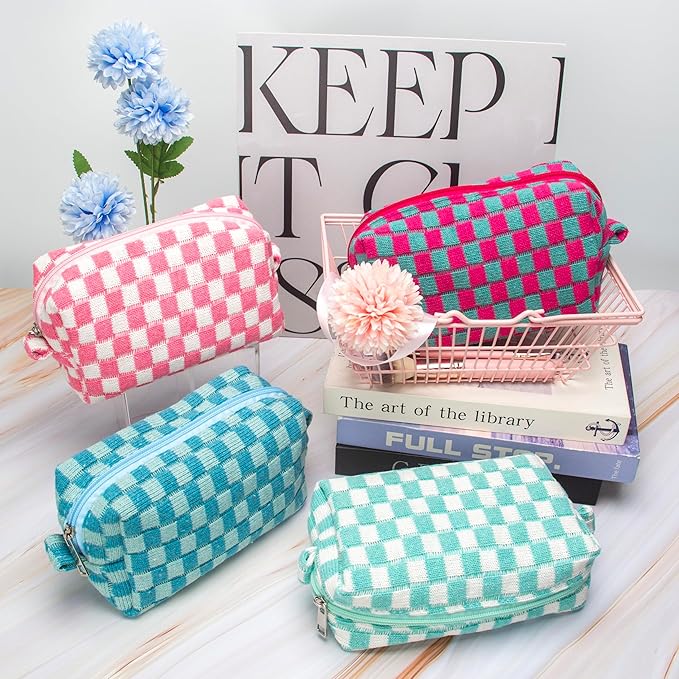 PAZIMIIK Checkered Makeup Bag for Purse Portable Zipper Make Up Pouch Small Cosmetic Case for Travel Accessories Magenta Green