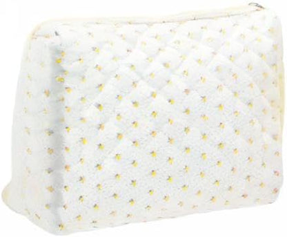 PAZIMIIK Quilted Makeup Bag Large Travel Zipper Soft Cosmetic Pouch for Women Girls Make Up,Little Flower White