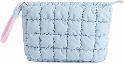 DOB SECHS Puffer Quilted Makeup Bag with Handle Detachable Cute Puffy Cotton Cosmetic Bag, Small Toiletry Zipper Make Up Pouch Purse, Checkered Storage Organizer Clutch Bag, Travel Pouches Case, Blue