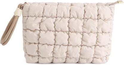 DOB SECHS Puffer Quilted Makeup Bag with Handle, Cute Puffy Cotton Cosmetic Bags for Women, Small Checkered Toiletry Zipper Pouch, Travel Essentials Storage Organizer Clutch Pouches Pencil Case, Khaki