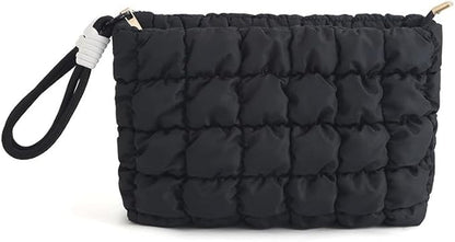 DOB SECHS Puffer Quilted Makeup Bag with Handle Detachable Women Cute Puffy Cotton Cosmetic Bag, Small Toiletry Zipper Make Up Pouch Purse, Checkered Storage Organizer Clutch Bag Travel Case, Black
