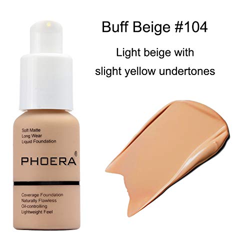 BestLand 2Pack PHOERA Foundation Full Coverage Liquid Foundation Cream - Long-lasting Lightweight Concealer - Oil-Free Formula - Natural Shade - Suitable for All Skin Types (2 Pack Buff Beige #104)