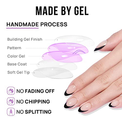 BTArtbox French Tip Press On Nails Almond - Black Press on Nails Short, Glue On Nails for Women Gift, Supremely Fit Natural Reusable Stick On Nails in 16 Sizes - 32 Fake Nails Kit, Black French