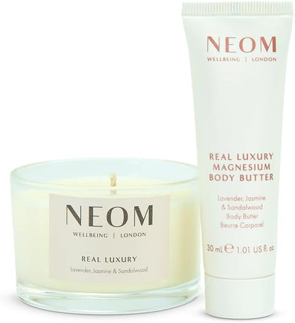NEOM Moment of Calm Gift Set I Contains Real Luxury Travel Candle 75g Real Luxury Multi-Mineral Body Milk 30ml I 100% Natural scents I Lavender, Jasmine and Sandalwood
