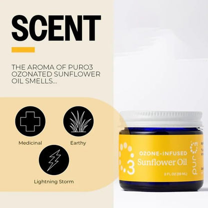 PurO3 Ozonated Sunflower Oil – Pure, Natural, Organic Skincare for Face & Body – Oxygenated Healing Lotion, Moisturizer & Beauty Cream in a Glass Jar – O3 Therapy Salve, 2 oz