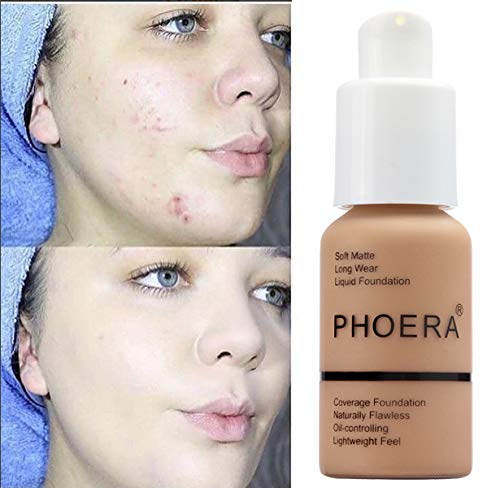 PHOERA Foundation,Flawless Soft Matte Oil Control Liquid Foundation Full Coverage Face Makeup. (101# Porcelain)