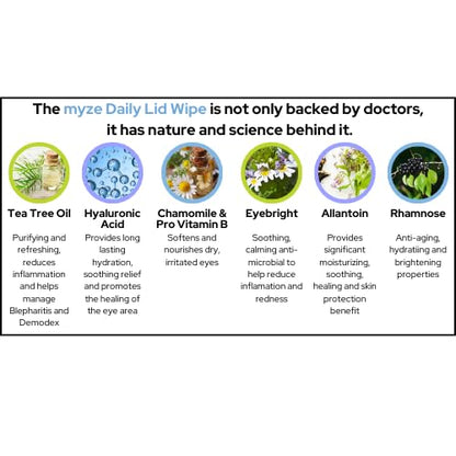 The Daily Lid Wipe™ from myze | Preservative Free Tea Tree Oil & Hyaluronic Acid Eyelid Wipes for Daily Relief | 30ct Sterile Lid Cleaning Wipes