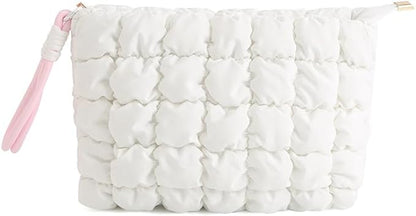 DOB SECHS Puffer Quilted Makeup Bag with Handle Detachable Cute Puffy Cotton Cosmetic Bag for Women, Small Toiletry Zipper Make Up Pouch, Checkered Quilt Clutch Bag Travel Storage Pouches Case, White
