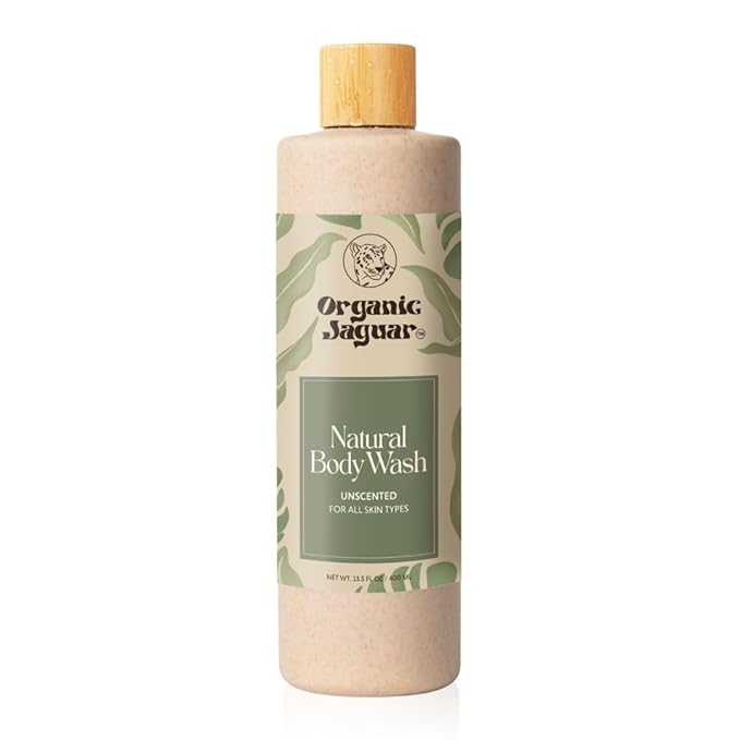 Organic Jaguar Natural Body Wash with Aloe Vera Gel and Shea Butter, Bath and Shower Soap Cleanser for Body Care, Leaves Skin Soft & Hydrated, Unscented, Sulfate and Paraben Free, 13.5 fl oz