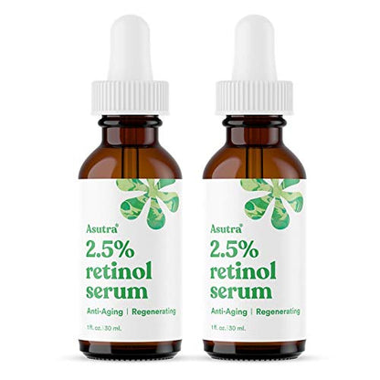 ASUTRA 2.5% Retinol Serum, 1 fl oz (Pack of 2) - Hyaluronic Acid, Vitamin E, Wheat Germ, Aloe, & Jojoba Oil, Plumping Face Serum