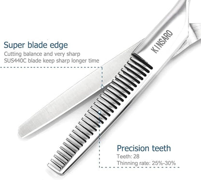 5.5" Hair Thinning Scissors Barber Scissors Professional Sharp Hairdresser Hair Thinning Shears 28 Teeth 440C Silvery Convex Edge Blade Blind Hole KINSARO for Hairdresser Barber or Home Use