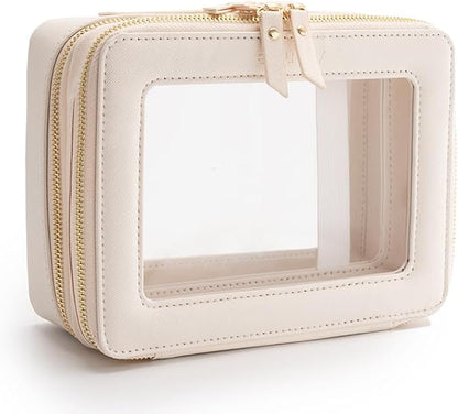 Aveniee Large Clear Makeup Bags, Double Layer Cosmetic Bags with Separate Brush Compartment, Travel Toiletry Bag Cosmetic Train Case, Travel Accessories Organizer for Women(2 Layers, White)