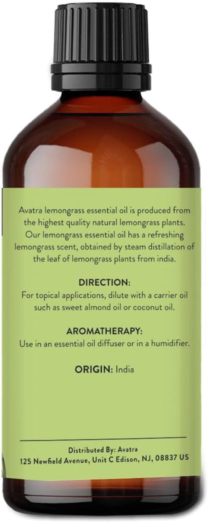 Avatra Lemongrass Essential Oil 100ML (3.38 OZ) with Glass Dropper and Travel Bottle, Pure and Natural Therapeutic Grade Lemongrass Oil for Diffuser, Aromatherapy, Massage, and DIY Candle Products