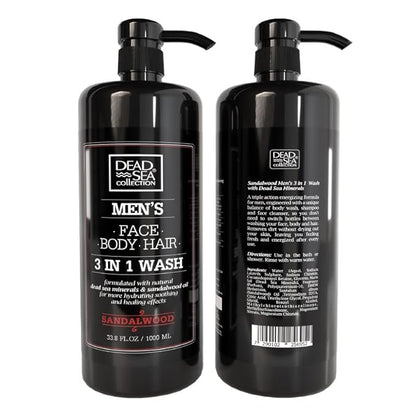 Dead Sea Collection Mens Body Wash 3 in 1 – Sandalwood Body Wash for Men – Shower Gel – Shampoo – Shower Soap for Face and Hair (33.8 Fl. Oz)