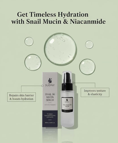 Snail Mucin 96% Repairing Essence with Niacinamide, Aloe Vera & Glycerin - Snail Mucin Serum to Hydrate & Repair Dull Skin & Fine Lines- Gentle Skincare Serums with Snail Serum for Everyday Care