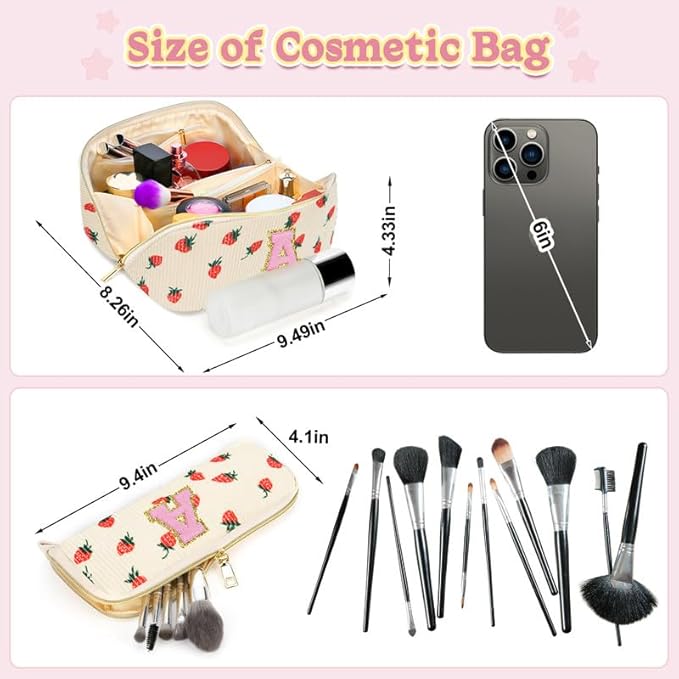 Personalized Travel Makeup Bag Set,Initial Travel Strawberry Makeup Organizer Bag,Toiletry Skincare Cosmetic Bag,Christmas Gifts for Women/Girls,Open Flat Toiletry Pouch with Brush Pocket-S