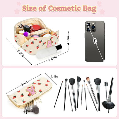 Personalized Travel Makeup Bag Set,Initial Travel Strawberry Makeup Organizer Bag,Toiletry Skincare Cosmetic Bag,Christmas Gifts for Women/Girls,Open Flat Toiletry Pouch with Brush Pocket-R