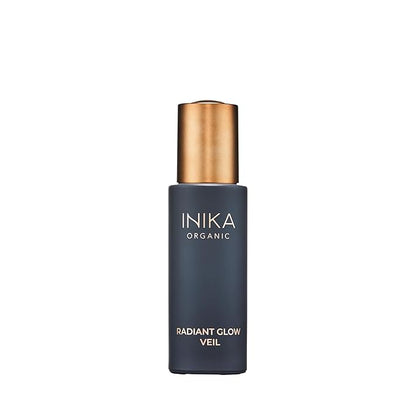 INIKA Organic Radiant Glow | Illuminate & Prime. Dewy, radiant Finish. Beautifying Primer, Nourishing Moisturiser, Finishing Highlighter. 100% Natural, 72% Organic Ingredients. Alcohol Free. 30mL