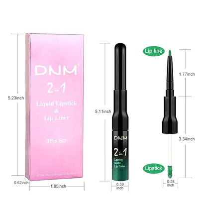 3Pcs 2 in 1 Green Matte Shimmer Lip Liner and Liquid Lipstick Stain Makeup Set for women, Long Lasting Smudge Proof Lip Tint Matte Finish Lip Gloss for All-Day Color Hold Easy to Use, Set25