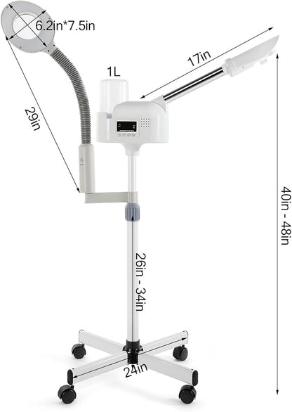 Professional Facial Steamer 2 in1 Steamer for Face 5X LED Magnifying Lamp Facial Steamer for Esthetician Beauty Face Equipment Use at Home or Salon（White）