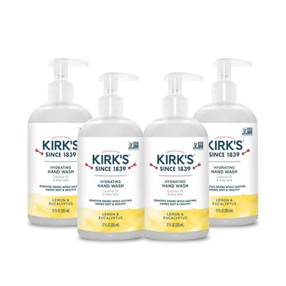 Kirk's Hydrating Hand Wash - Made with Coconut Oil and Aloe Vera, With Odor Neutralizing Technology To Help Eliminate Odors, Non-GMO, Vegan, Lemon & Eucalyptus, 12 Fl Oz. 4 pack