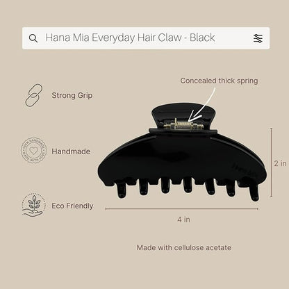 Premium Durable Acetate Hair Clip - Large Claw Clip for Thick Hair | No Slip Claw Clip | 4 Inch Hair Clip for Women (Black)