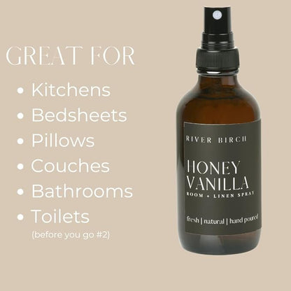 River Birch Luxury Linen and Room Spray - Home Signature Scent Honey Vanilla Room Fragrance Spray - Fragrant Fresh Linen Air Freshener For Bedding - Handmade in Texas - 4 oz Glass Amber Bottle