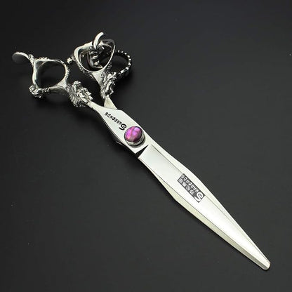 7 inch barber scissors, purple diamond barber scissors, suitable for barbers/families/individuals(7 Inch Flat-AA)