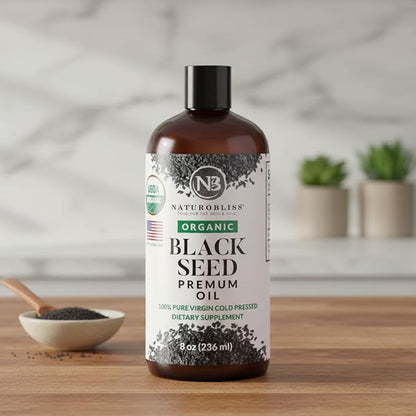 NaturoBliss Organic Black Seed Oil 100 Virgin Cold Pressed Omega 3 6 9 Super Antioxidant for Immune Support, Joints, Mobility, Digestion, Hair Skin Vegan, Gluten-Free, Non-GMO USDA Certified 8oz