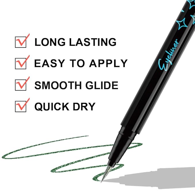 evpct 2Pcs Emerald Dark Green Glitter Shimmer Liquid Eyeliner Eye Shadow Makeup Pencil, Green Face Body Glitter Fake Eyelashes Lashes Mascara Accessories, Sparkle Metallic Colored Eyeliner Waterproof