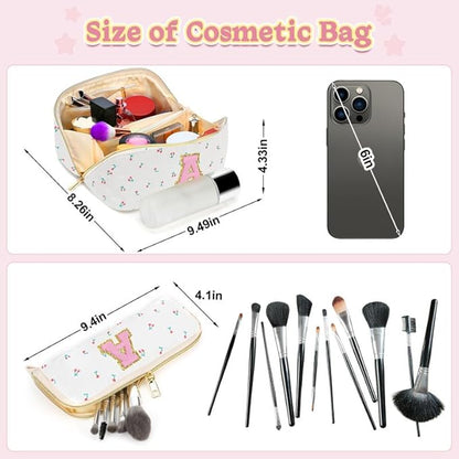 Personalized Travel Makeup Bag Set,Initial Travel Cute Cherry Makeup Organizer Bag,Toiletry Skincare Cosmetic Bag,Christmas Gifts for Women/Girls,Open Flat Toiletry Pouch with Brush Pocket-Z