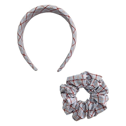 Headband and Scrunchie Set for Women 2Pack Hair Ties for Girls Elastics Bands Ponytail Holder Hair Accessories Red Lattice