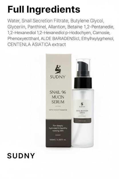 Snail Mucin 96% Repairing Essence with Niacinamide, Aloe Vera & Glycerin - Snail Mucin Serum to Hydrate & Repair Dull Skin & Fine Lines- Gentle Skincare Serums with Snail Serum for Everyday Care